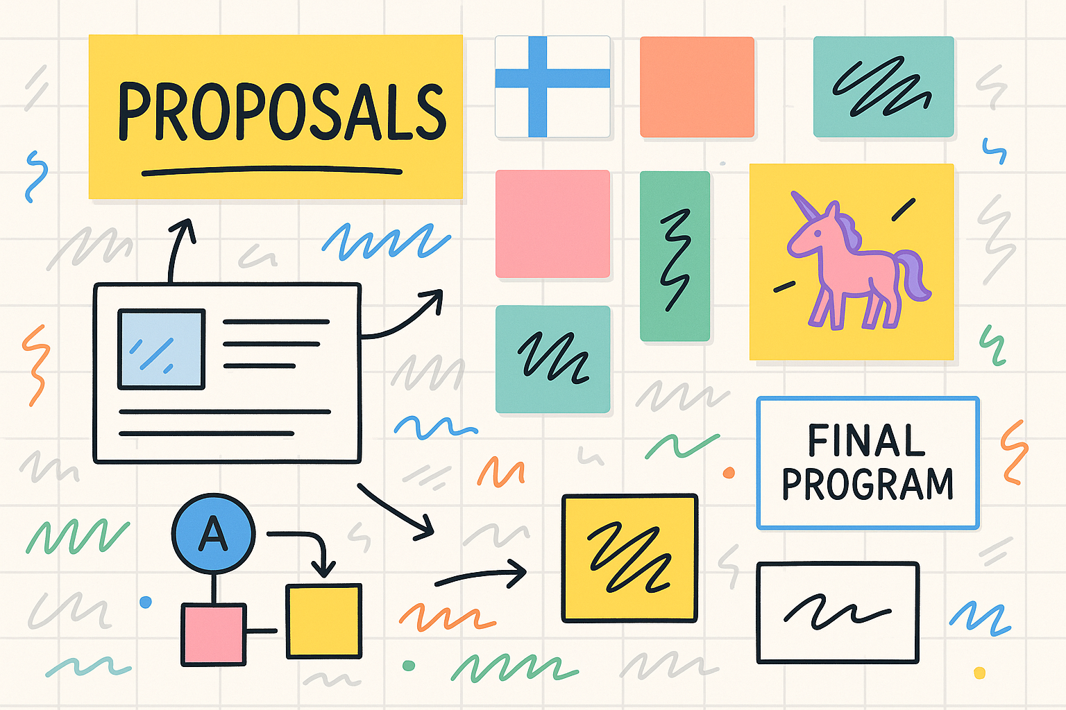 Illustrated flow from speaker proposals to the final Legal Design Summit 2025 program, featuring colourful sticky‑notes, the Finnish flag and a unicorn.